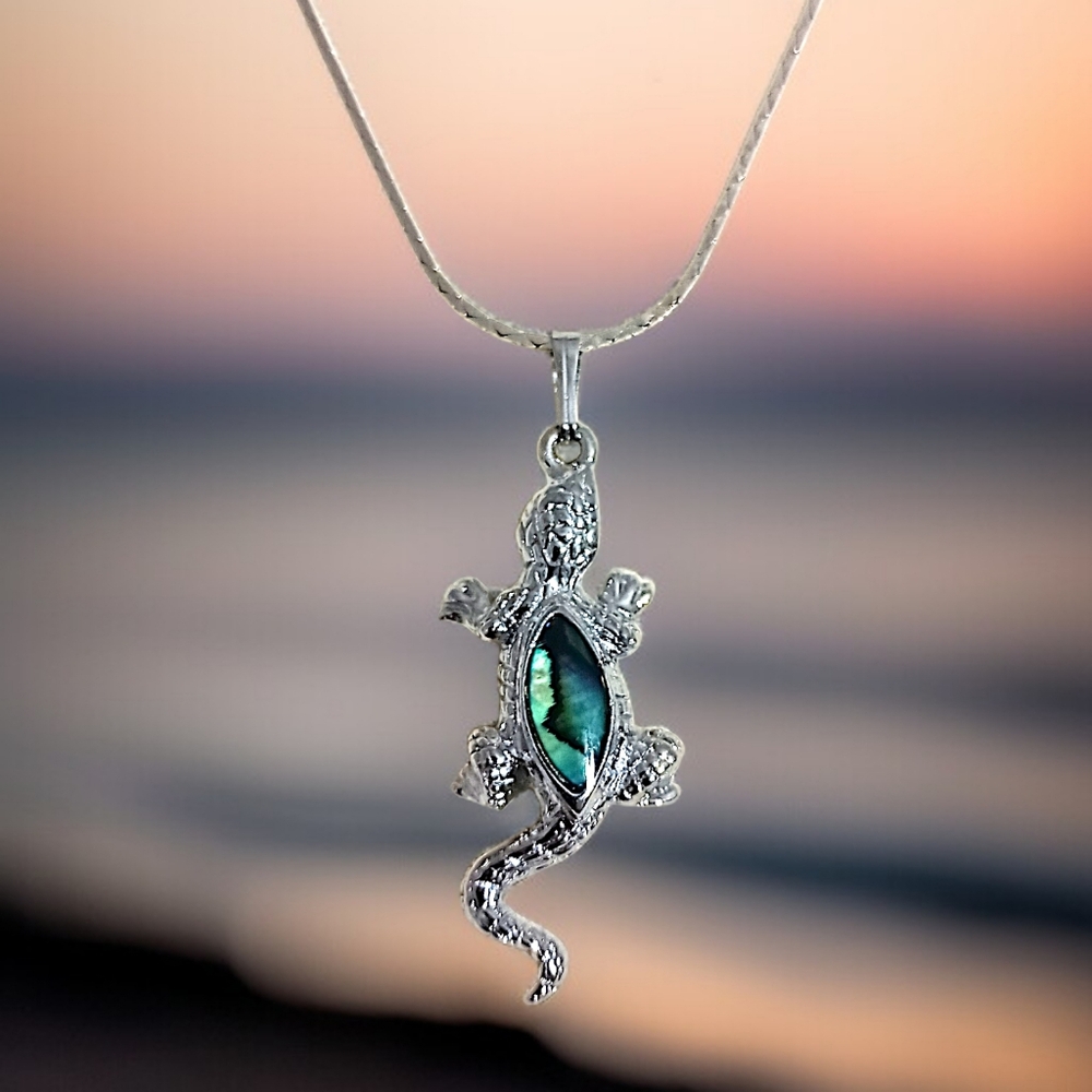 Vintage Lizard Gecko‎ Pendant Necklace Silver Tone Shell Glass Abalone Inlay - Picture 11 of 16